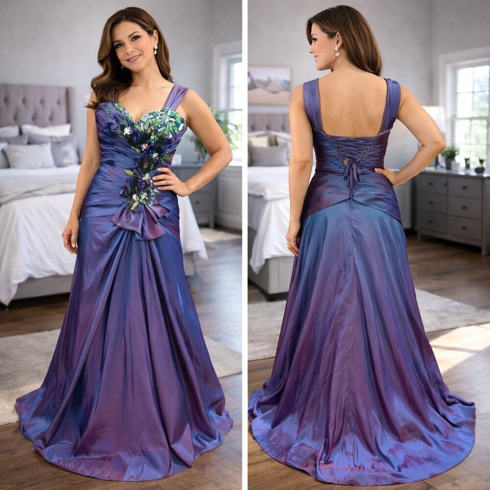 Precious Formals Purple Peacock Taffeta Y2K Formal Gown $420